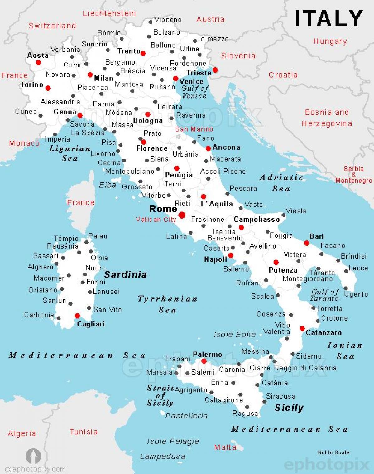 detailed map of Italy with cities and towns