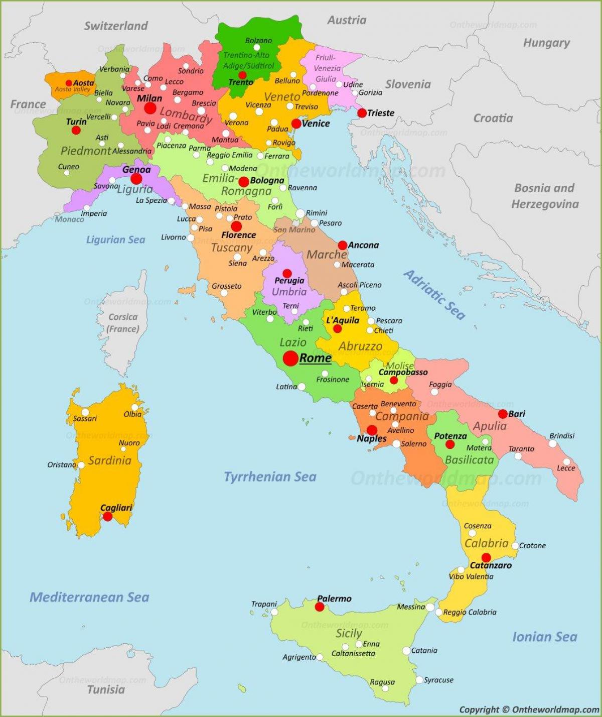 Italy map with cities and regions