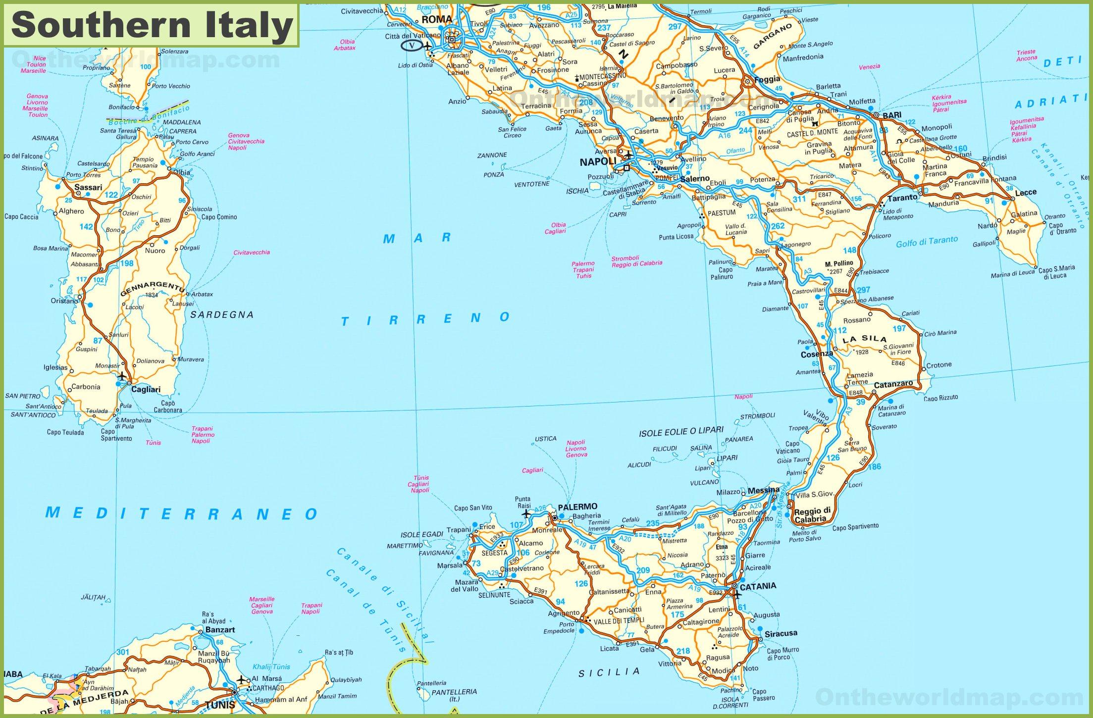 map of south italy with cities