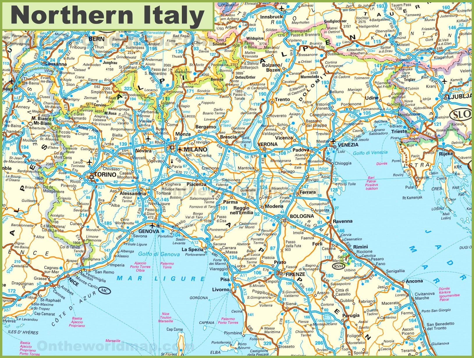 Map of northern Italy - Detailed map of northern Italy (Southern Europe -  Europe)