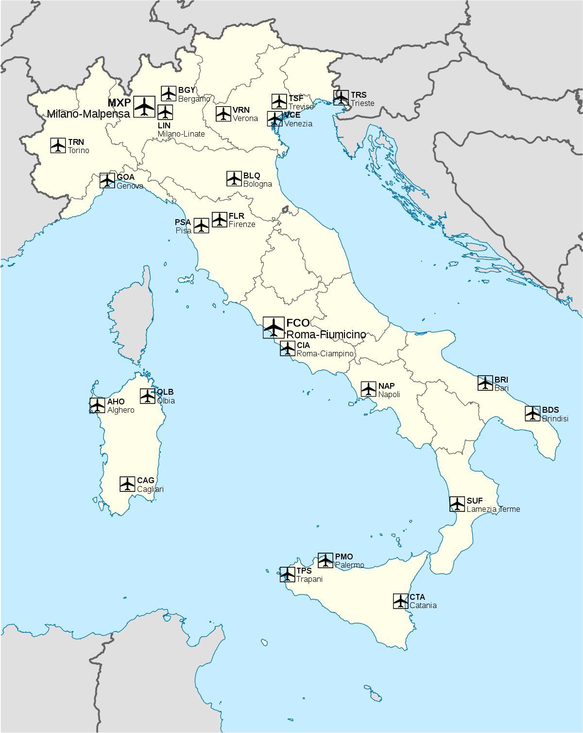 Italy airport map - International airports in Italy map (Southern 